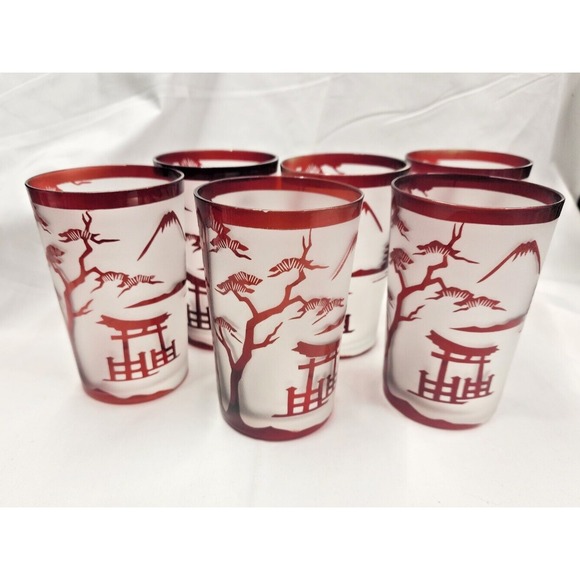 Vintage Noritake Glass Ruby Red CameoJapanese Scene 6 frosted Rock Glasses 1940s - Picture 1 of 7